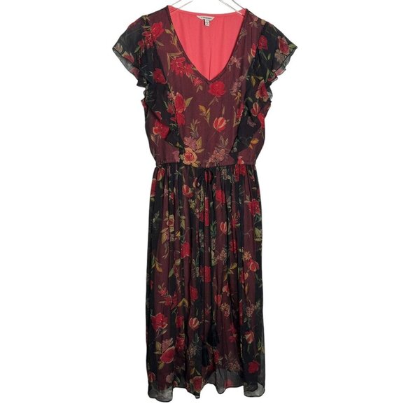 J. Peterman Womens Floral Midi Dress V-Neck Ruffle Sleeves Size 6 Red & Black - Picture 8 of 8